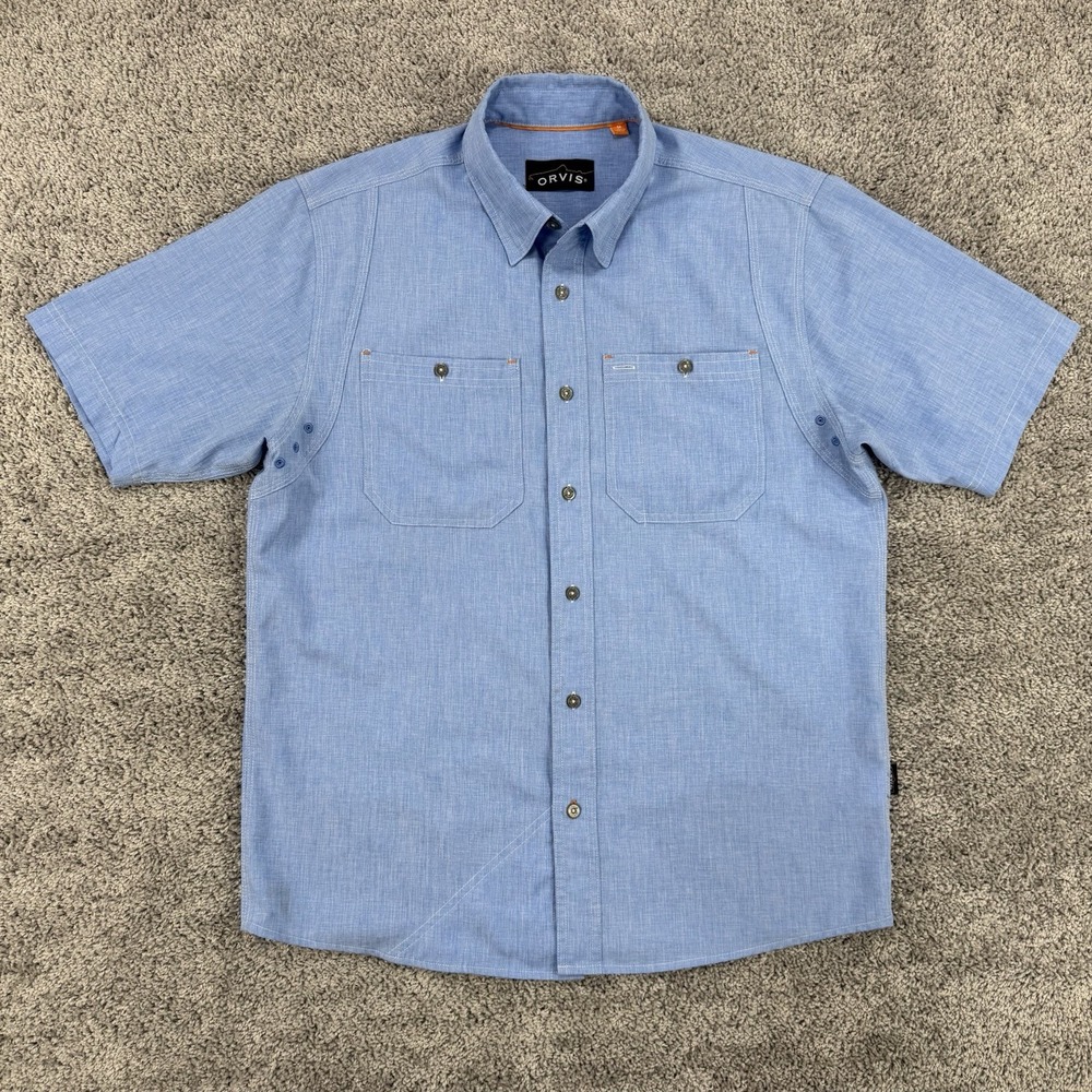 Orvis Tech Chambray Shirt Men's M Blue Short Sleeve Button Down Fishing Outdoors